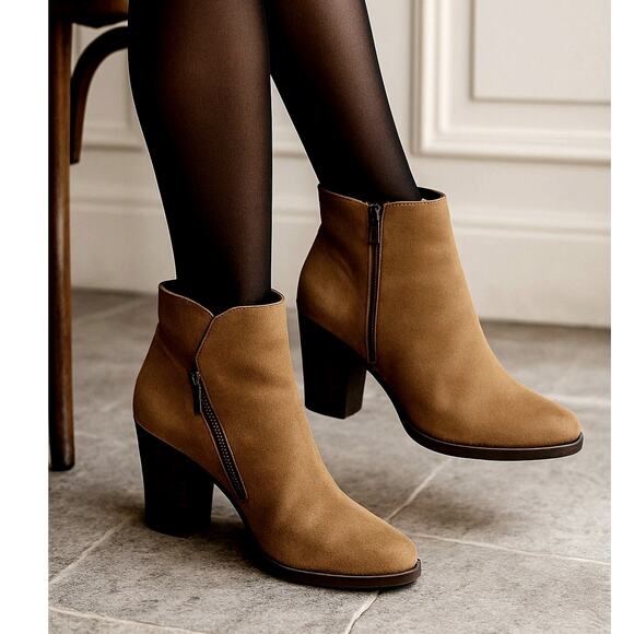 Anthropologie 10 Very Volatile Suede Ankle Boots $298 Side Zipper Almond Brown - Picture 1 of 9